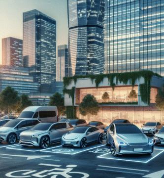 En moderne bilpark med ulike drivlinjer foran finansbygg, fokus på økonomi og bærekraft, nordisk lys