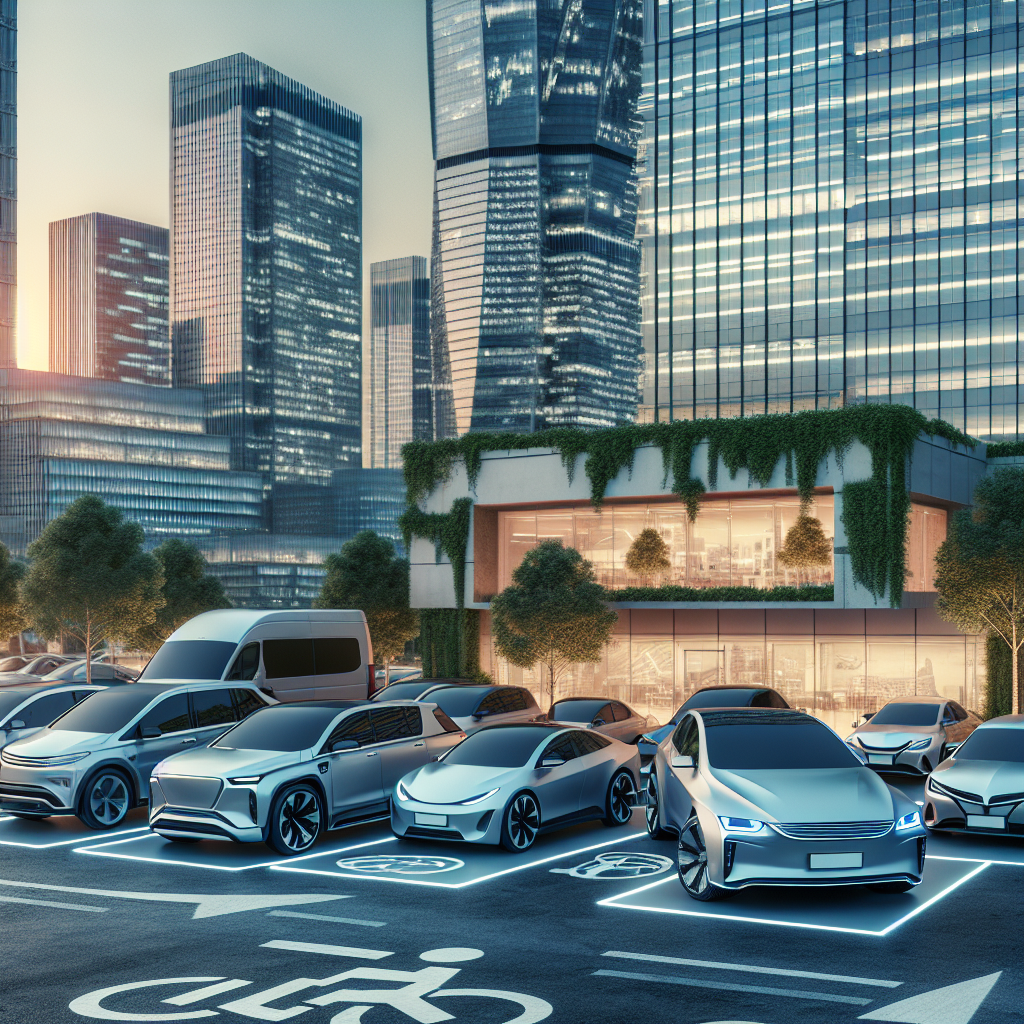 En moderne bilpark med ulike drivlinjer foran finansbygg, fokus på økonomi og bærekraft, nordisk lys