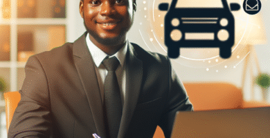 En vennlig kundeservicemedarbeider ved skrivebord med laptop og bilrelaterte ikoner i bakgrunnen, varm fargepalett, moderne og profesjonell stil