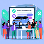 Moderne, vennlig illustrasjon som viser en elektrisk bil, en låneavtale på en skjerm og mangfoldige mennesker som diskuterer tiltak - farger som signaliserer bærekraft og tillit