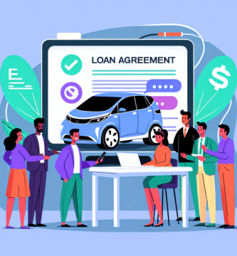 Moderne, vennlig illustrasjon som viser en elektrisk bil, en låneavtale på en skjerm og mangfoldige mennesker som diskuterer tiltak - farger som signaliserer bærekraft og tillit