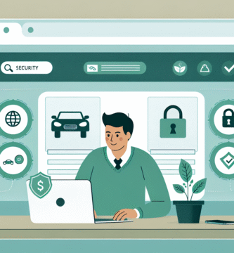 Nettsideillustrasjon: en bruker som administrerer sin online bankkonto på en laptop, moderne UI med sikkerhetsikoner, grønne bærekraft-elementer og bilrelaterte symboler, lys og profesjonell stil