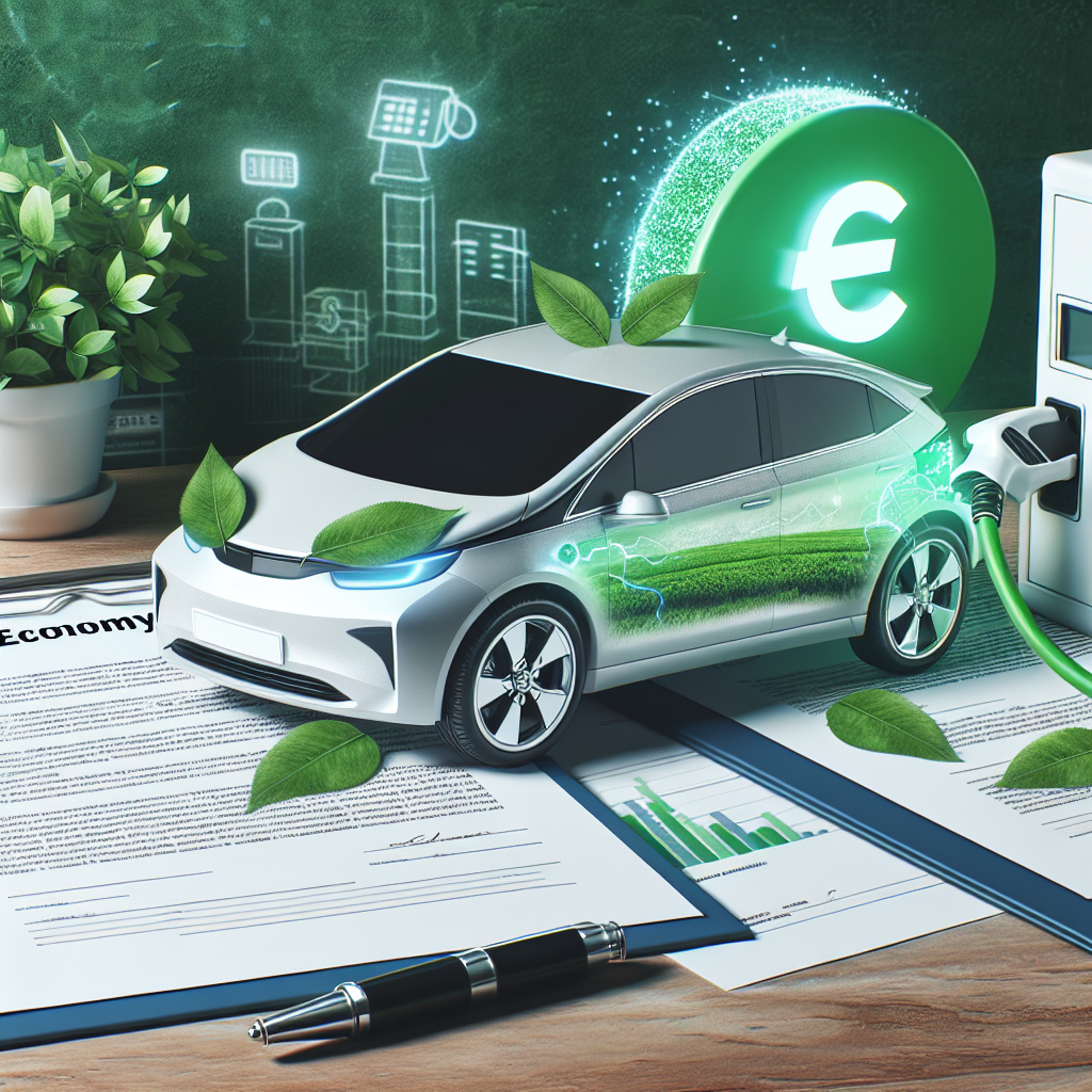 Fotorealistisk bilde av grønn biløkonomi: elektrisk bil ved ladestasjon, lånedokumenter og et grønt miljøsymbol i bakgrunnen