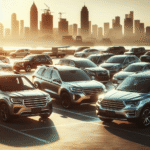 Moderne bilpark med populære SUV- og småbilmodeller parkert foran en bysilhuett i mykt dagslys, fokus på variasjon og salgssuksess