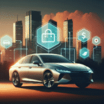 Moderne bil parkert foran bysilhuett, grafiske ikoner for rabatt og bærekraft, varm, tillitsvekkende stil