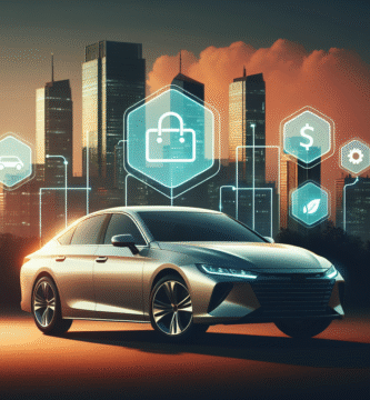 Moderne bil parkert foran bysilhuett, grafiske ikoner for rabatt og bærekraft, varm, tillitsvekkende stil