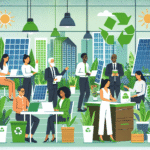 Illustrasjon av arbeidsinkludering og grønn omstilling: mennesker i ulik alder samarbeider med planter, solpanel og resirkuleringssymboler i et moderne, lyst kontorlandskap