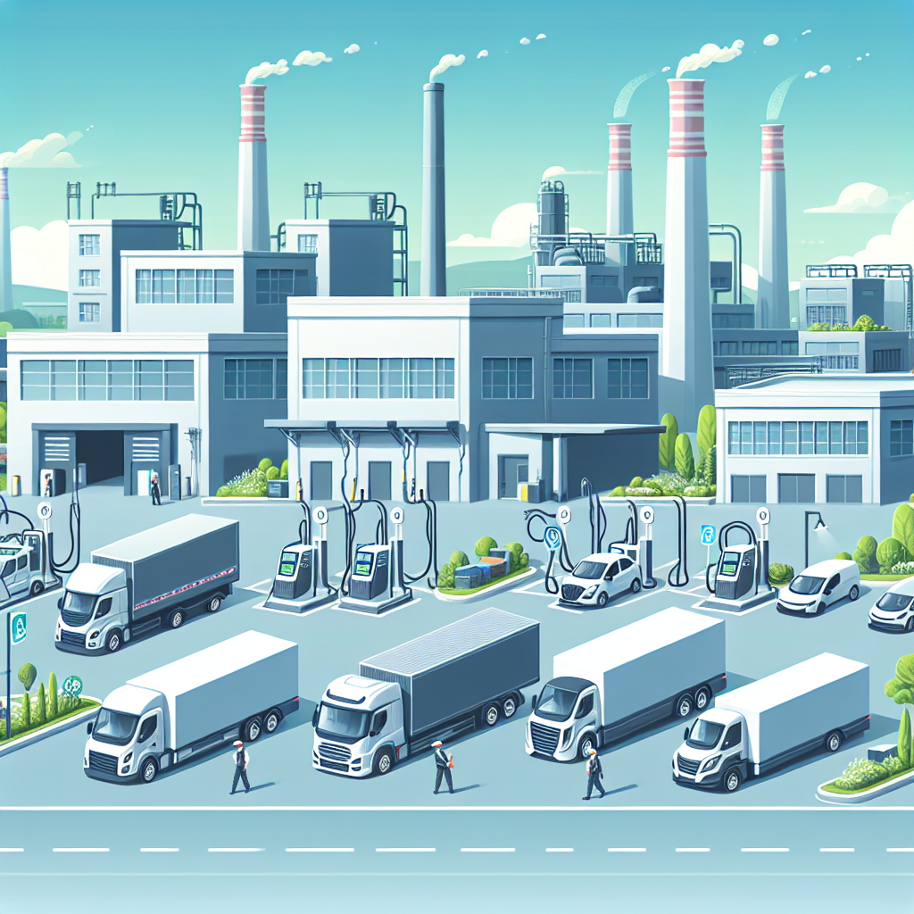 Industriby med moderne elektriske lastebiler og varebiler utenfor fabrikk, fokus på flåtefinansiering og bærekraft, realistisk stil