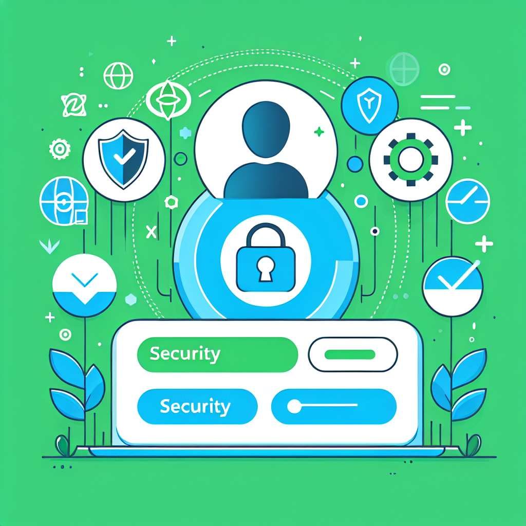Illustrasjon av en brukerkonto på skjerm: sikkerhetsikoner, bærekraftsymbol og innstillinger-meny, moderne flat design, lyse grønne og blå toner