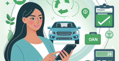 Moderne, vennlig illustrasjon av biløkonomi: en person bruker en mobil med lånekalkulator, grønne symboler for bærekraft og digitale ikoner, lys bakgrunn