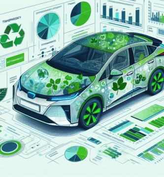 Illustrasjon av en moderne bil med overlagrede miljødata og grafer, grønne og blå fargetoner, fokus på transparens og bærekraft i finans