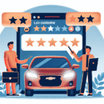 Norsk kunde som gir en digital anmeldelse om billån, stjerner og bil i bakgrunnen, moderne flat illustrasjonsstil, varmt fargepalett